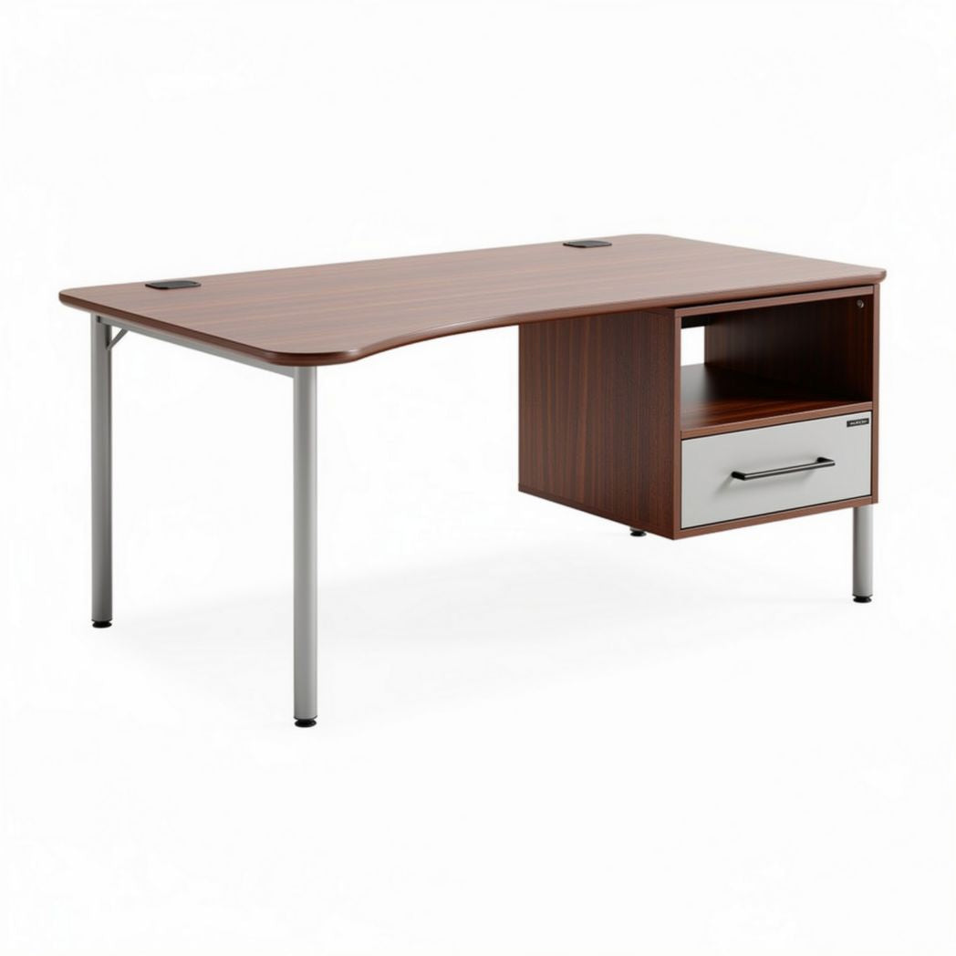 Wooden office desk with drawer and open shelf in walnut finish 150 x 75 x 75cm