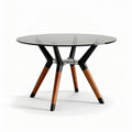 Glass top coffee table with wooden legs and metal accents 60 x 60 x 40cm