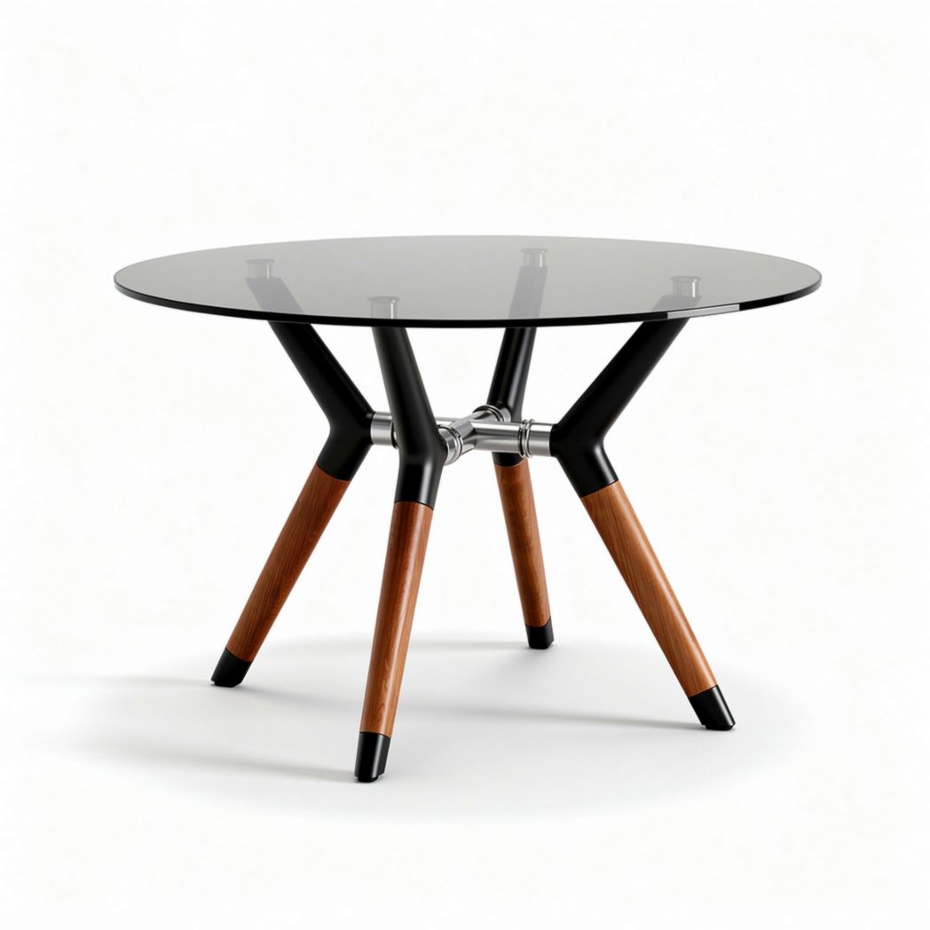 Glass top coffee table with wooden legs and metal accents 60 x 60 x 40cm