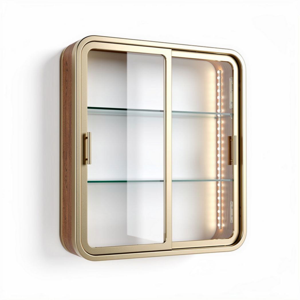 Wall-mounted glass display cabinet with LED lighting and wooden frame 50 x 30 x 60cm