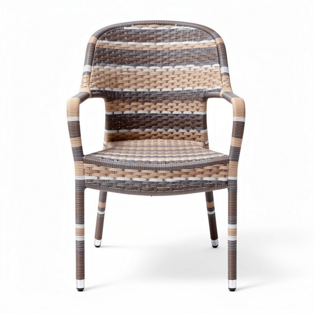 Woven outdoor chair with metal frame and armrests in brown and beige