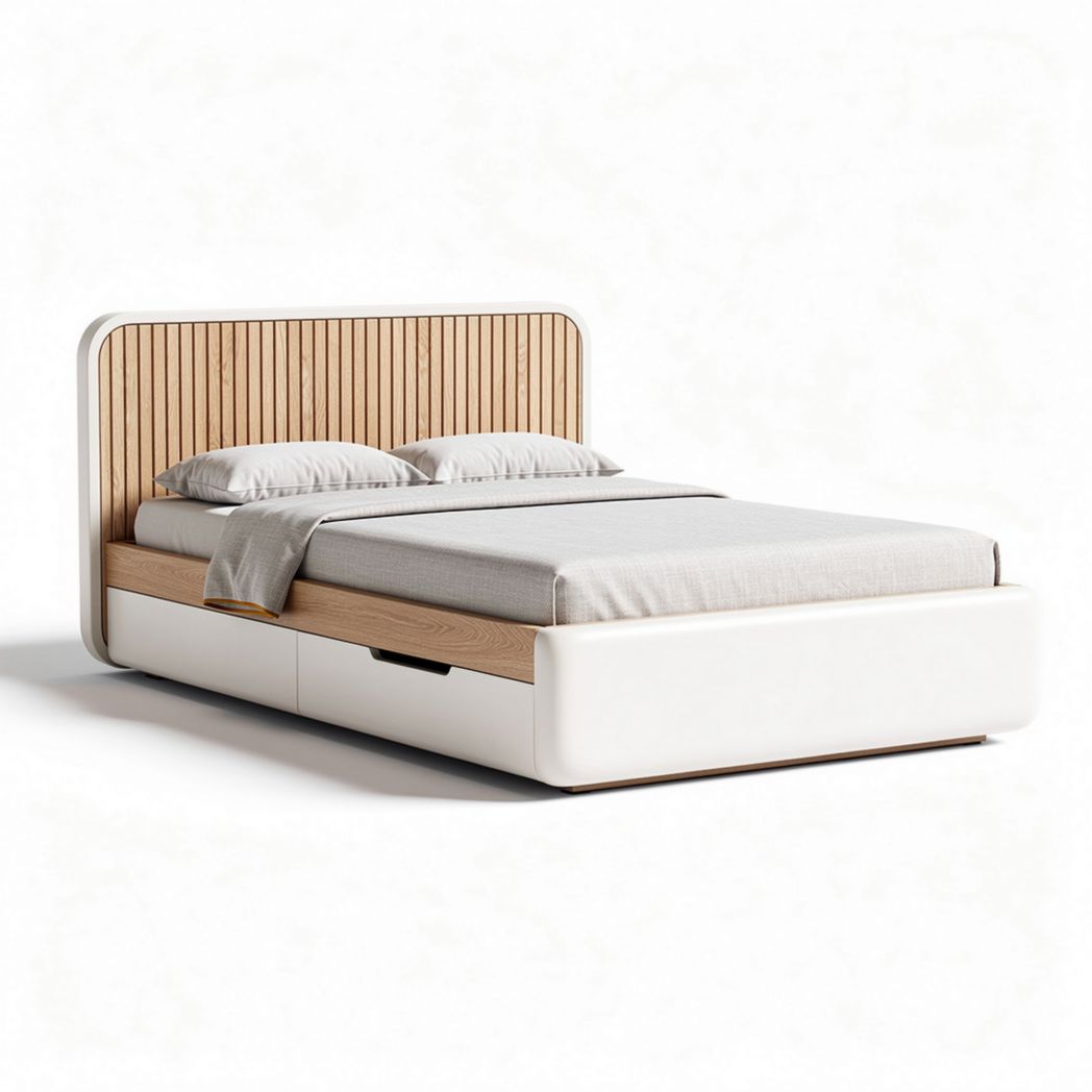 Queen size platform bed with wooden headboard and storage drawers in white